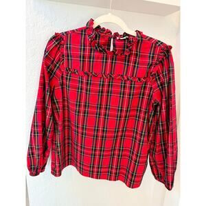 J.Crew Red Plaid Ruffle Neck Blouse – Size Small